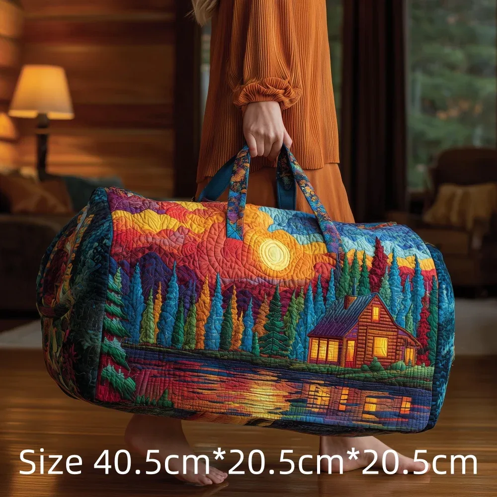 sac de voyage matelassé imprimé en 3d, fourre-tout de week-end, sac de sport, sac à main, motif cabane en montagne et forêt d'automne, paysage naturel vintage, pour femmes et hommes