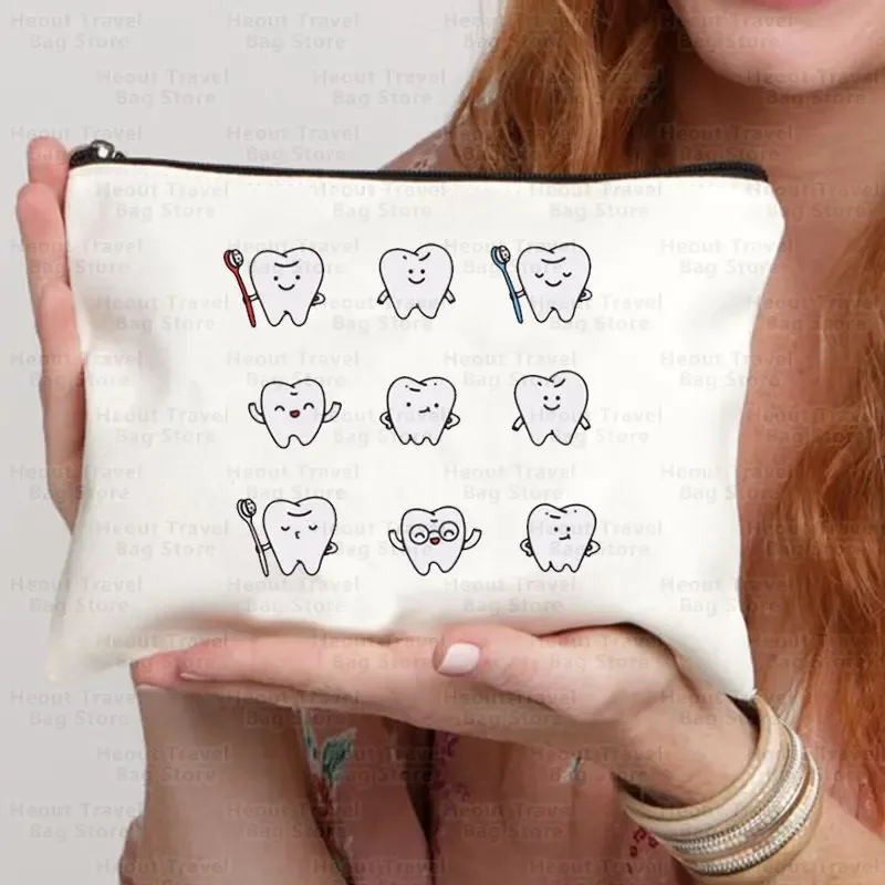sac de dessin animé de dents pour femmes, pocommuniste de maquillage cosmétiques kawaii, trousse à crayons pour enfants, sacs de toilette en toile de voyage, poudres de golf, 2023