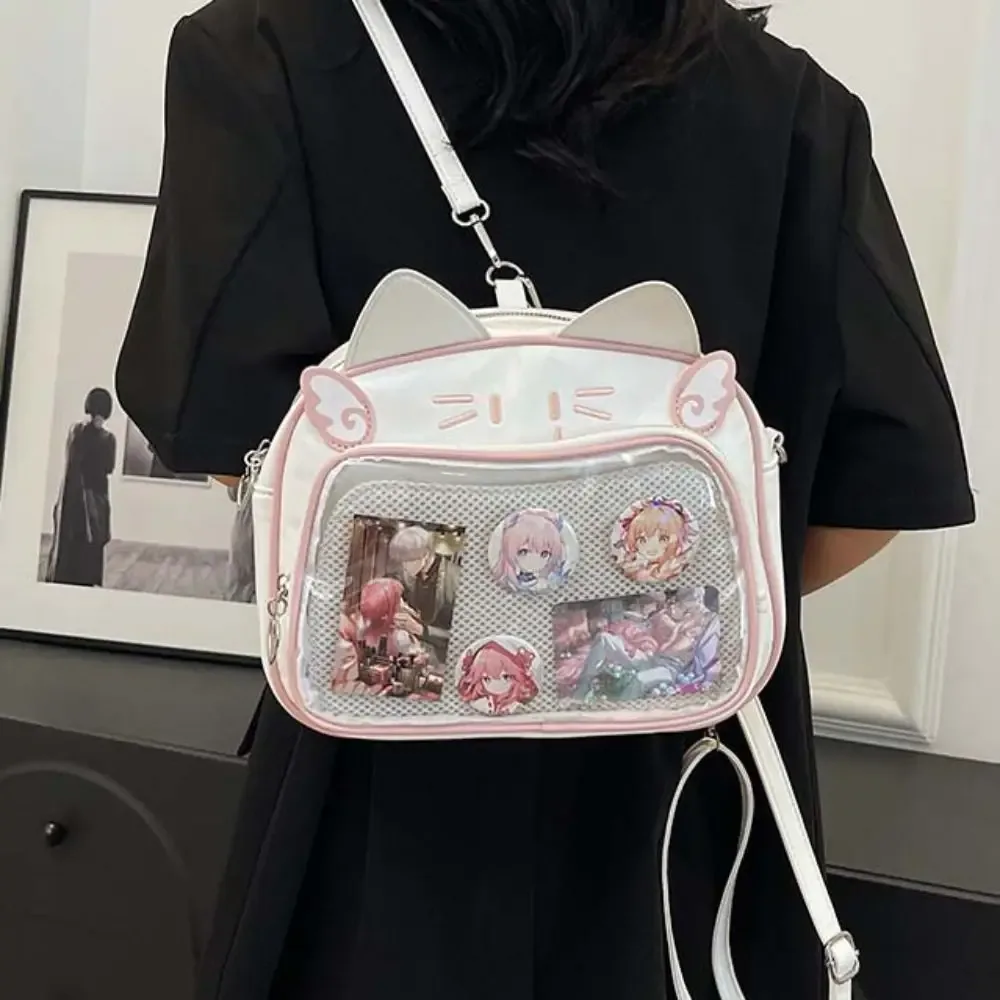 sac à fermeture éclair mignon, sac itabag chat kawaii en pu et coton, pochette transparente, portefeuille, sac