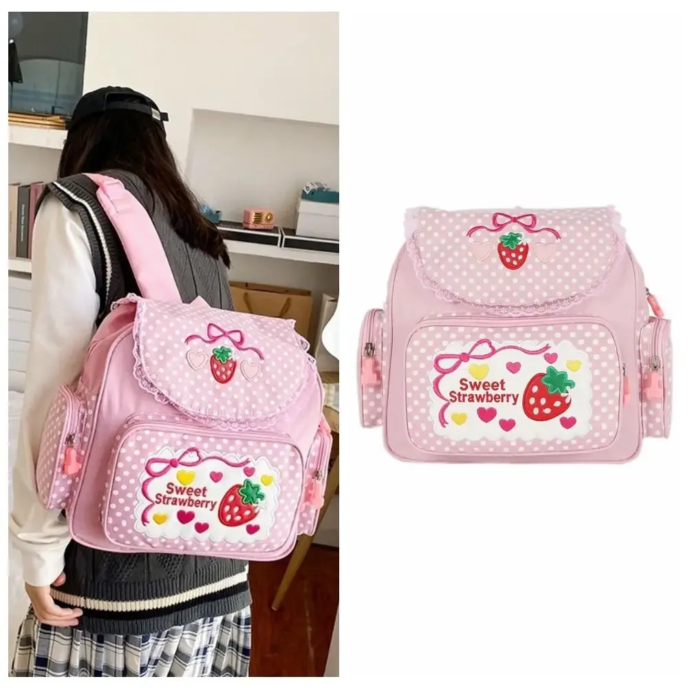 sac à dos décontracté pour fille, motif fraise de dessin animé, broderie nœud, grande capacité, pour étudiante