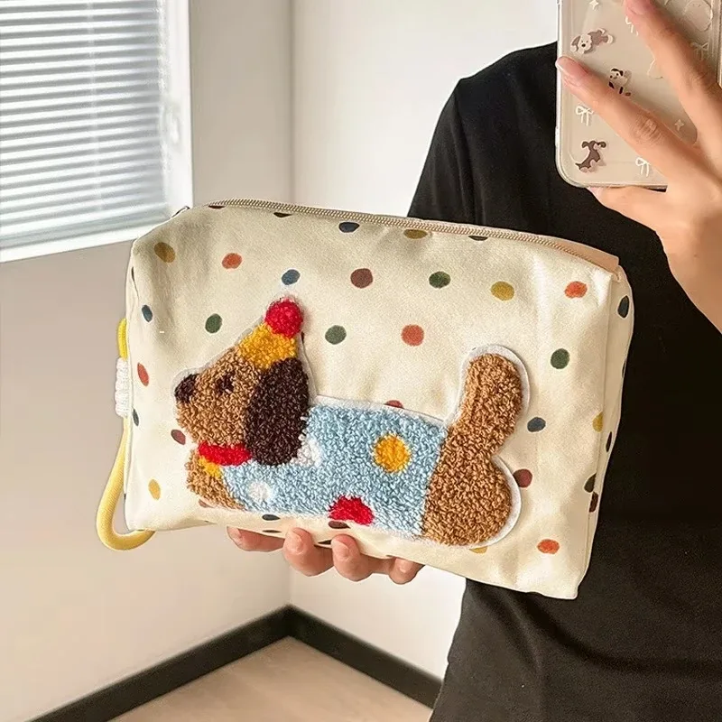 Sac en toile à motif de chiot, pochette de rangement de maquillage Portable accrocheuse, organisateur de maquillage de voyage, sac à cosmétiques teckel mignon