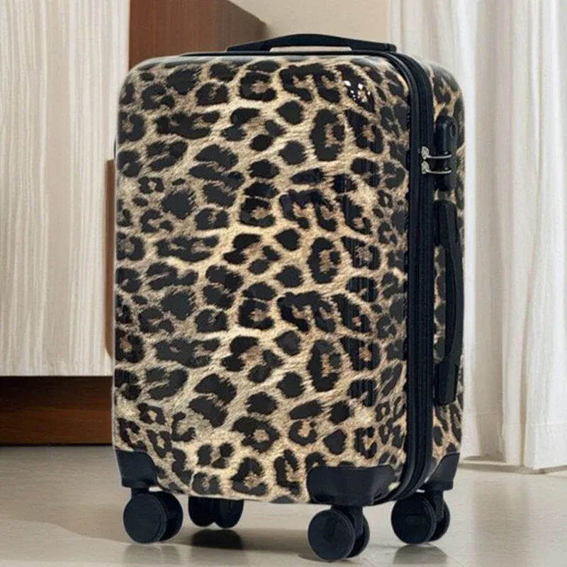 valise à roulettes silencieuses pour femme, imprimé léopard, 20 pouces – bagage cabine à motif animal féroce pour dames