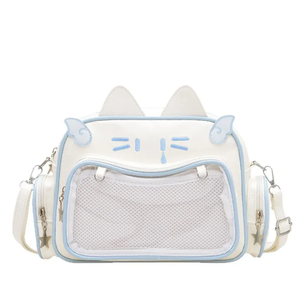 sac fourre-tout créatif en cuir pu avec poche transparente pour badges, style preppy, motif chat mignon, pour enfants