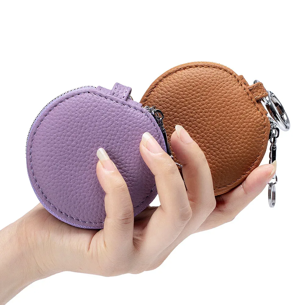 sac de rangement rond en cuir véritable pour femmes, sac rond pour rouge à lèvres souple, sac pour écouteurs avec miroir, sac porte-clés pendentif de grande capacité