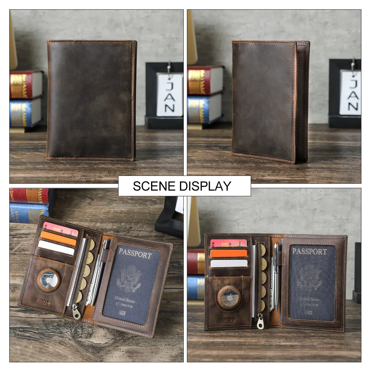 porte-passeport en cuir de vache véritable, portefeuille de voyage avec étui airtag, pochette anti-perte, porte-carte, blocage rfid, couverture de passeport