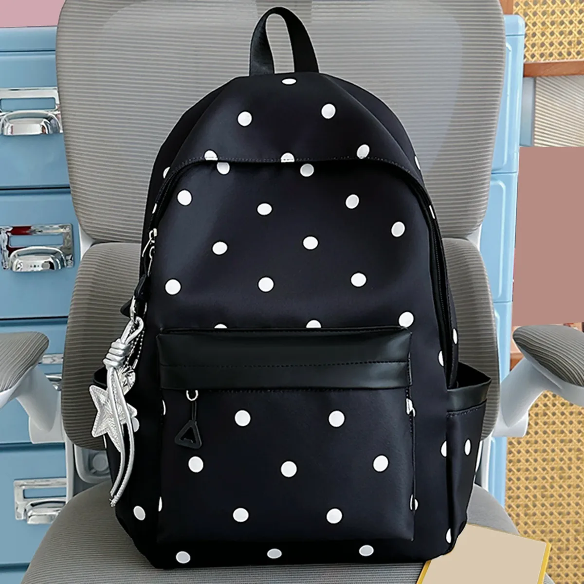 sac à dos esthétique à pois style preppy avec breloque étoile, sac à livres pour campus, sac à dos de voyage décontracté kawaii pour adolescentes et femmes