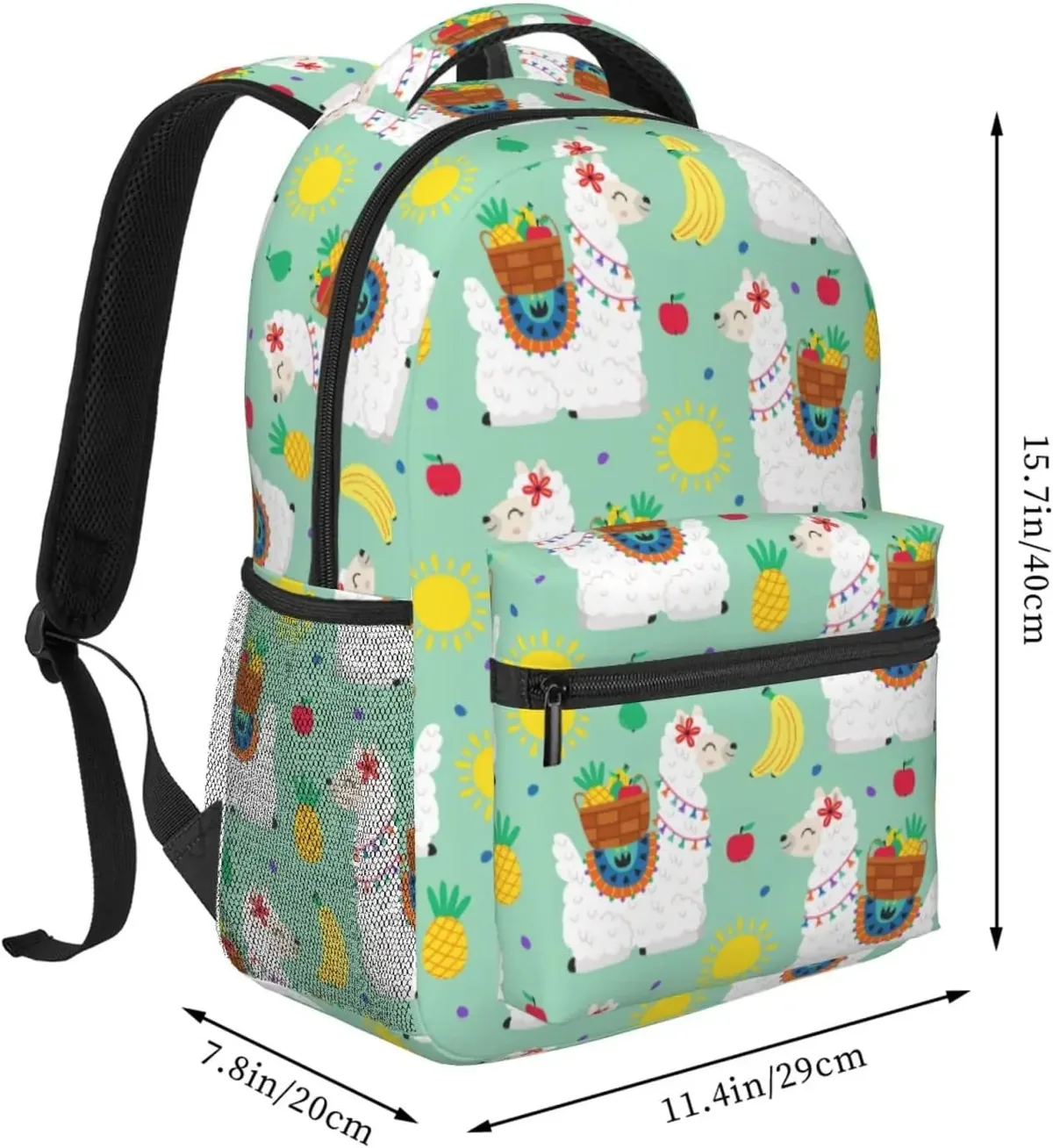 boehiop-sac à dos léger pour ordinateur portable pour femmes et hommes, sac à livres universitaire, sac à dos décontracté, sac de voyage mignon, alpaga, lama et fruits