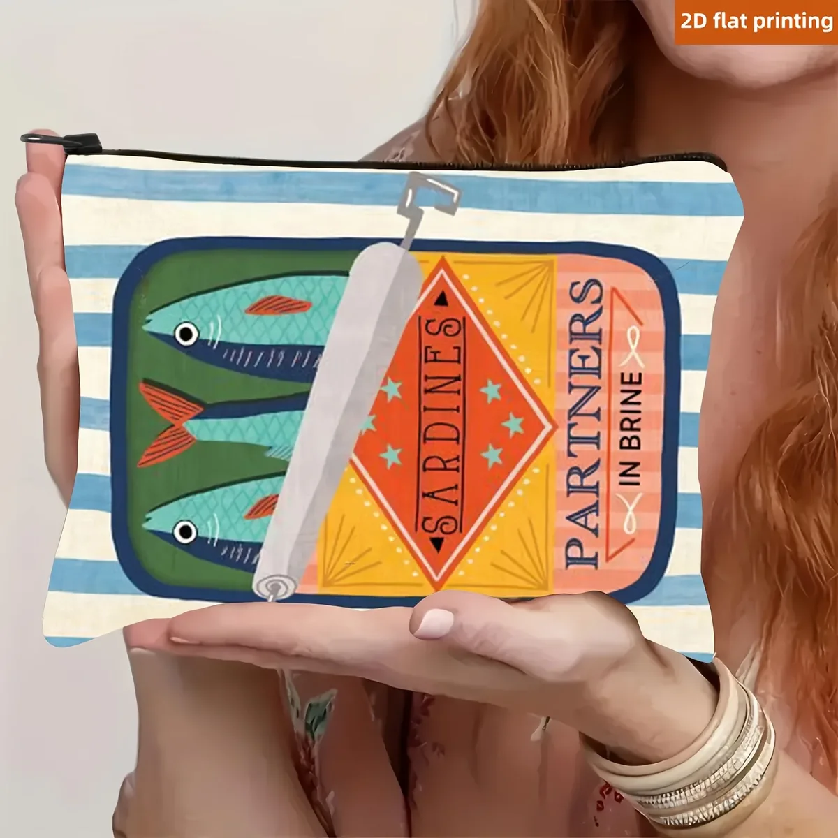 trousse de maquillage graphique sardine partners – pochette de voyage en lin beige, pliable et légère avec fermeture à glissière