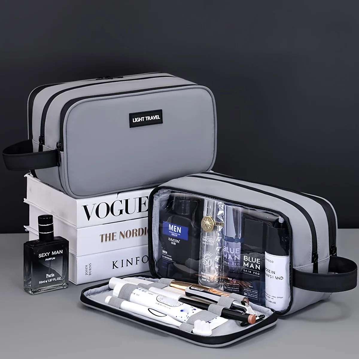 Sac de rangement de cosmétiques Double couche pour hommes, sac de maquillage et de beauté Portable à fermeture éclair, sacs de rangement de produits de toilette de voyage d'affaires