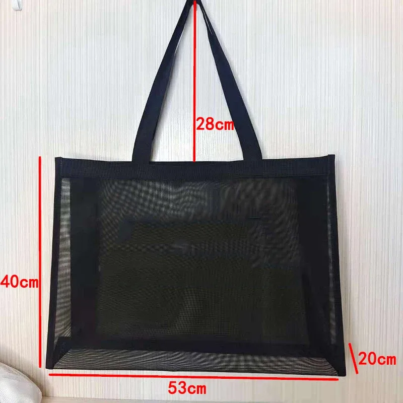 sac à provisions en maille de nylon avec logo personnalisé, sac de grande capacité, sac de voyage de plage respirant, transparent, personnalisé, initié, stockage clo