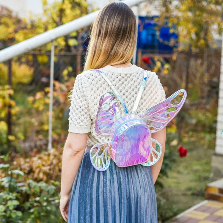 mode femmes laser mini sac à dos papillon ailes d'ange sac à dos pour filles voyage sac à dos décontracté sac d'école en cuir holographique