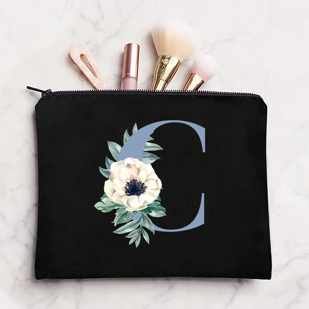 sac à cosmétiques en tissu pour femmes, pochette de maquillage, sac de voyage, rouge à lèvres, étuis de rangement, pochette à fermeture éclair, porte-monnaie de téléphone, initiales bleues imprimées