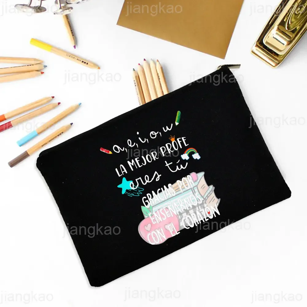 sac à crayons imprimé espagnol, meilleur professeur dans le mot, école, fournitures de papeterie, sacs de rangement, trousse de maquillage de voyage, poudre de toilette, cadeaux