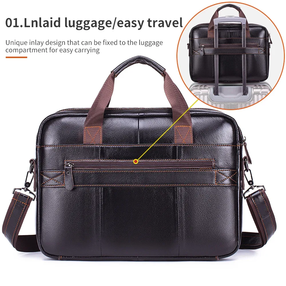 Sacoche en cuir pour homme, grande capacité, sac de bureau professionnel, sac pour ordinateur en cuir de vache, peut être porté à la main ou à l'épaule.