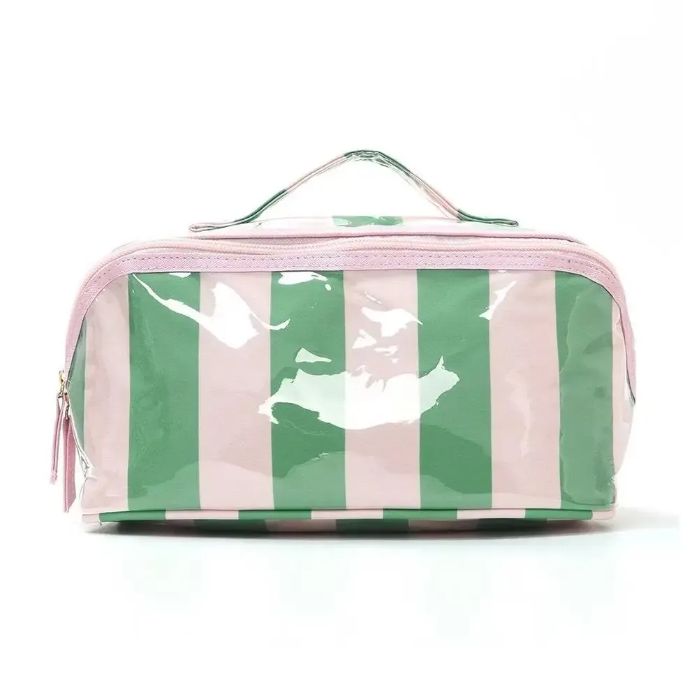 sac de maquillage imperméable en pvc, double fermeture éclair, sac de rangement cosmétique à rayures en damier, sac de toilette de voyage grande capacité