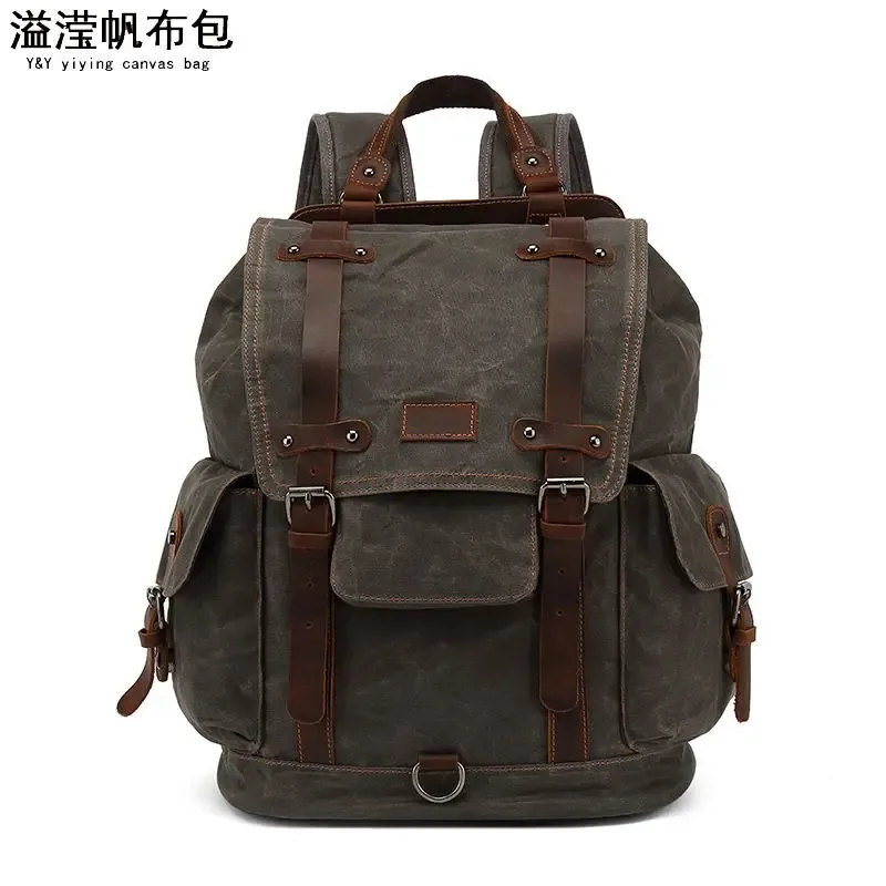 sac à dos vintage en toile et cuir imperméable, sac de voyage, mochila vintage masculine, sac à dos pour homme, sac à dos pour ordinateur portable en toile cirée