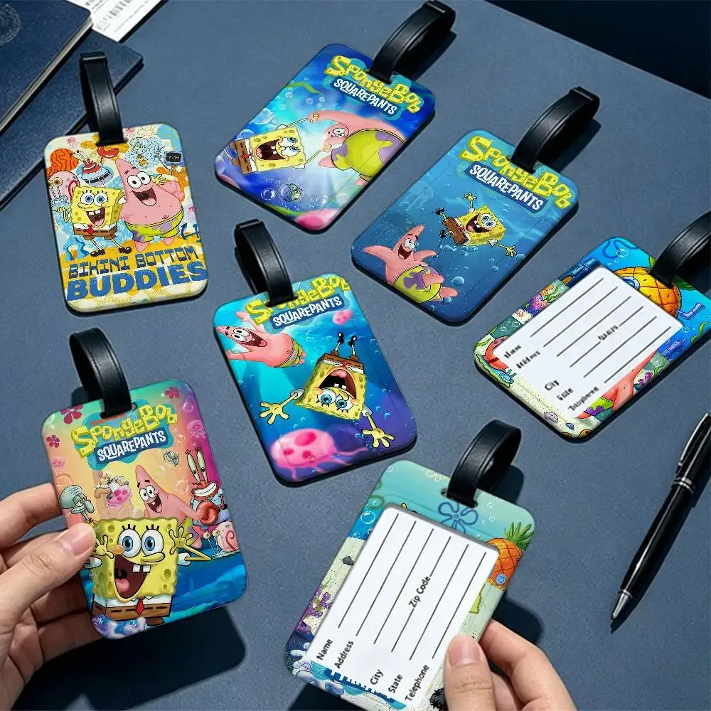 étiquette d'identification de bagage anti-perte en pvc, motif classique de dessin animé s-spongebob, avec porte-carte d'informations amovible, étiquette de bagage de voyage.