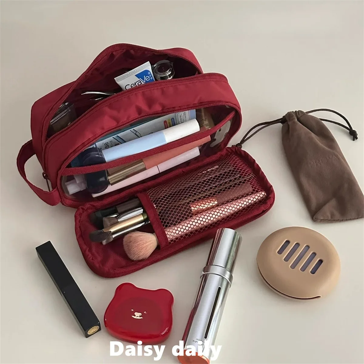 Sac à cosmétiques double couche en nylon, organisateur de maquillage de voyage, trousse de toilette de grande capacité, trousse à crayons multifonction, porte-pinceaux