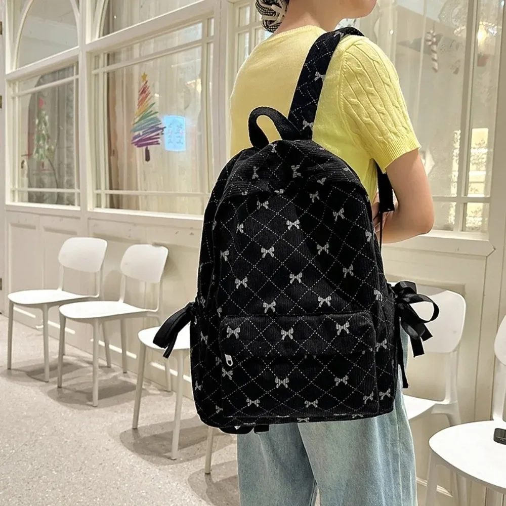 sac à dos en velours côtelé style coréen tendance, grande capacité, bretelles réglables, imprimé nœud, pour étudiants et lycéens