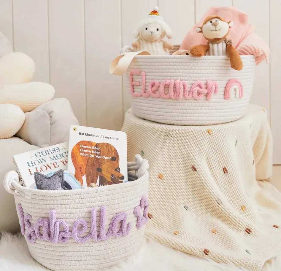 panier personnalisé pour bébé, corde brodée en coton, cadeaux pour nouveau-né, sac de rangement pour cadeau de réception-cadeau pour bébé, organisateur de jouets pour enfants