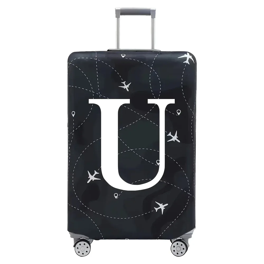 cette housse de valise extensible s'adapte aux valises de 18 à 32 pouces et présente un motif de lettres a-z blanches imprimé sur la surface.