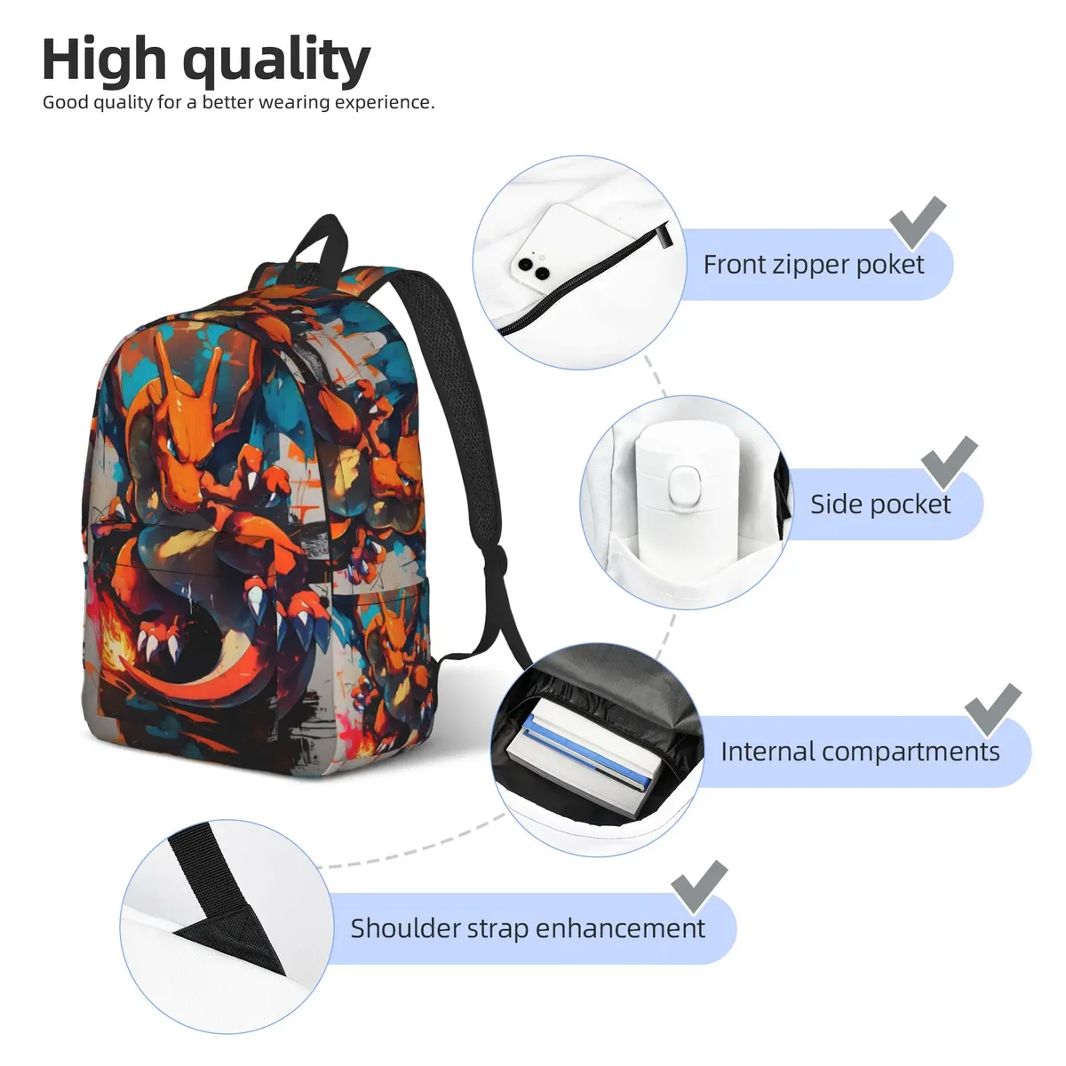 sac à dos à thème pokemon charizard fire blast, design harajuku, pour le travail et le bureau, fermeture à glissière