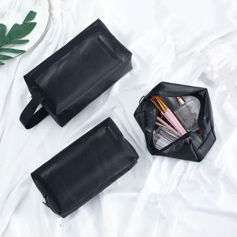 trousse de maquillage noire transparente pour femme, trousse de toilette et cosmétique, ensemble de poudres en maille, petite et grande, voyage