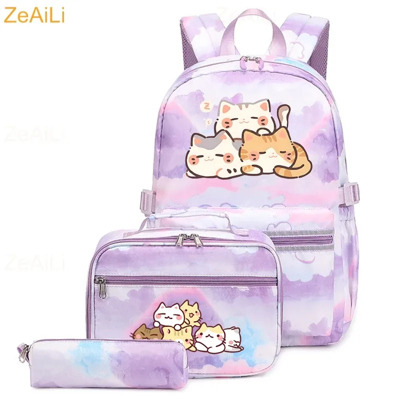 lot de 3 sacs à dos mignons pour étudiants et adolescents, motif patte de chien et chat, couleur violette, avec sac à déjeuner, sac de voyage coloré, sacs d'école pour garçons et filles, ensembles de mochilas