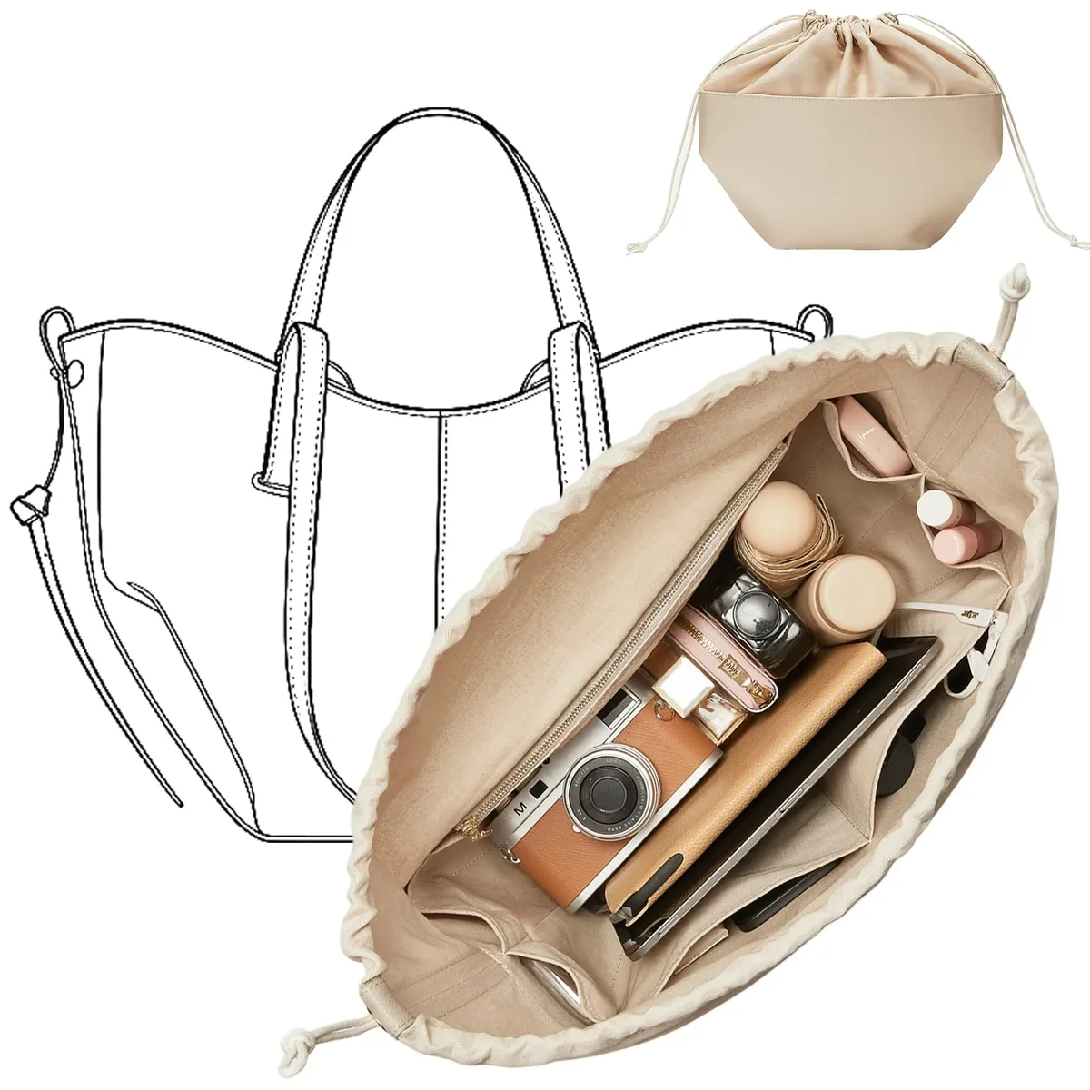 organisateur de sac en toile pour sacs cyme, insert léger et imperméable avec fermeture à cordon et fermeture éclair ykk