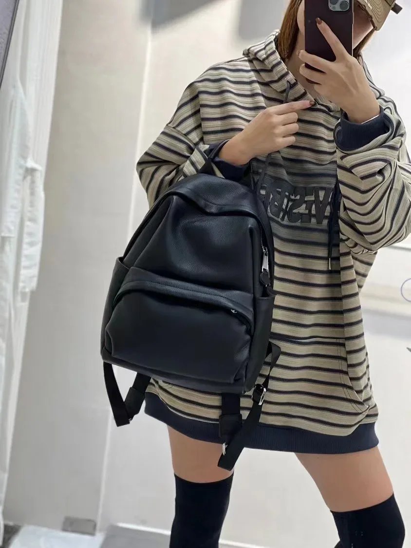 sac à dos de voyage de grande capacité pour femme, cuir de vachette optique, sac double initié, cuir de vachette noir, classique, loisirs, luxe