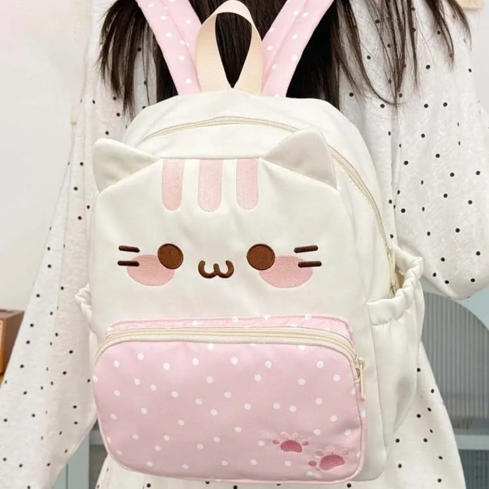 sac à dos pour chat de style japonais, grande capacité, design avec oreilles 3d, sac à dos kawaii, tons pastels, léger, motif à pois.