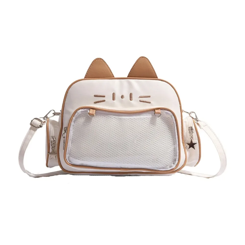 sac fourre-tout créatif en cuir pu avec poche transparente pour badges, style preppy, motif chat mignon, pour enfants