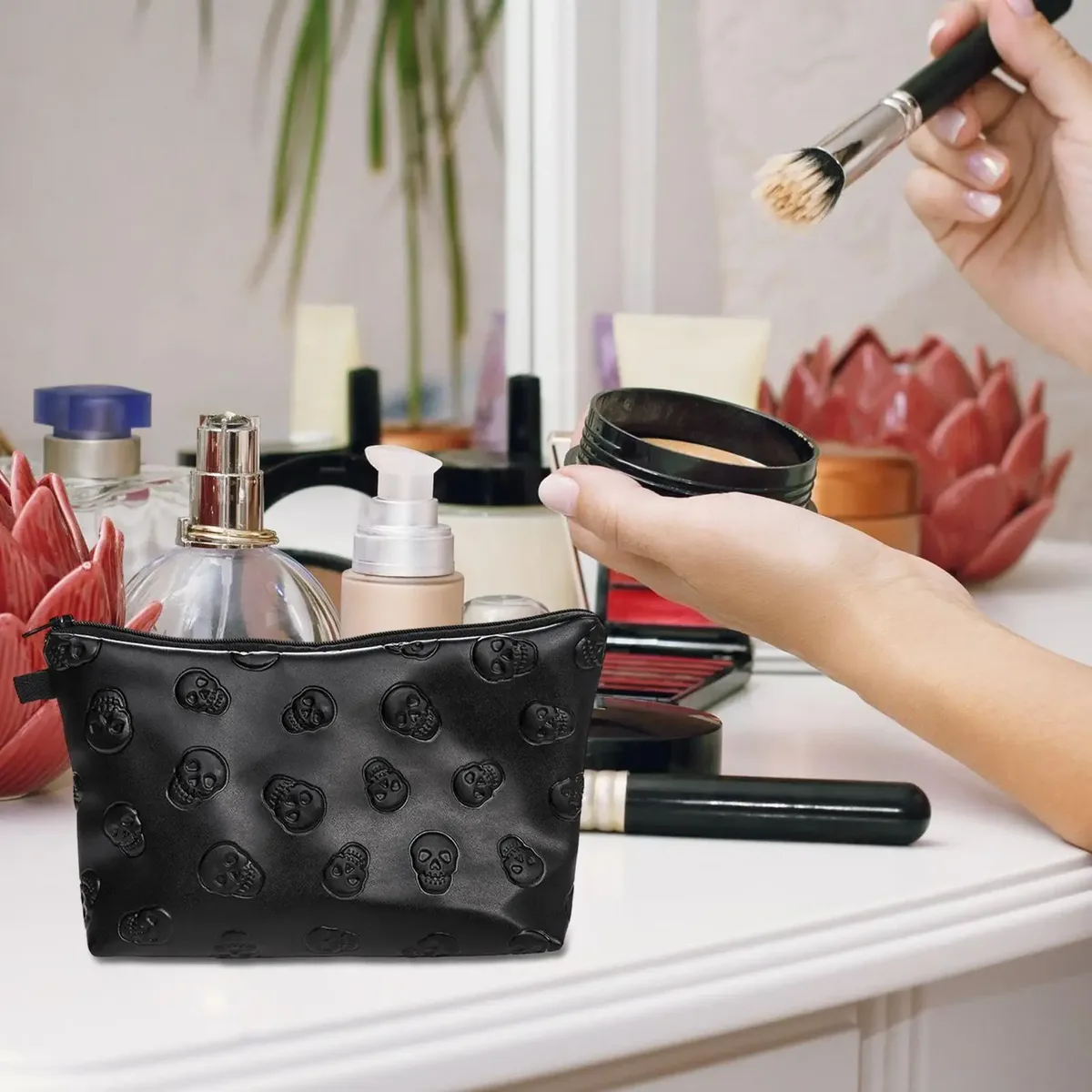 sac de voyage étanche en cuir pu motif crâne, pochette de voyage pour cosmétiques, sac de rangement à fermeture éclair pour produits de soin de la peau, sac portable noir