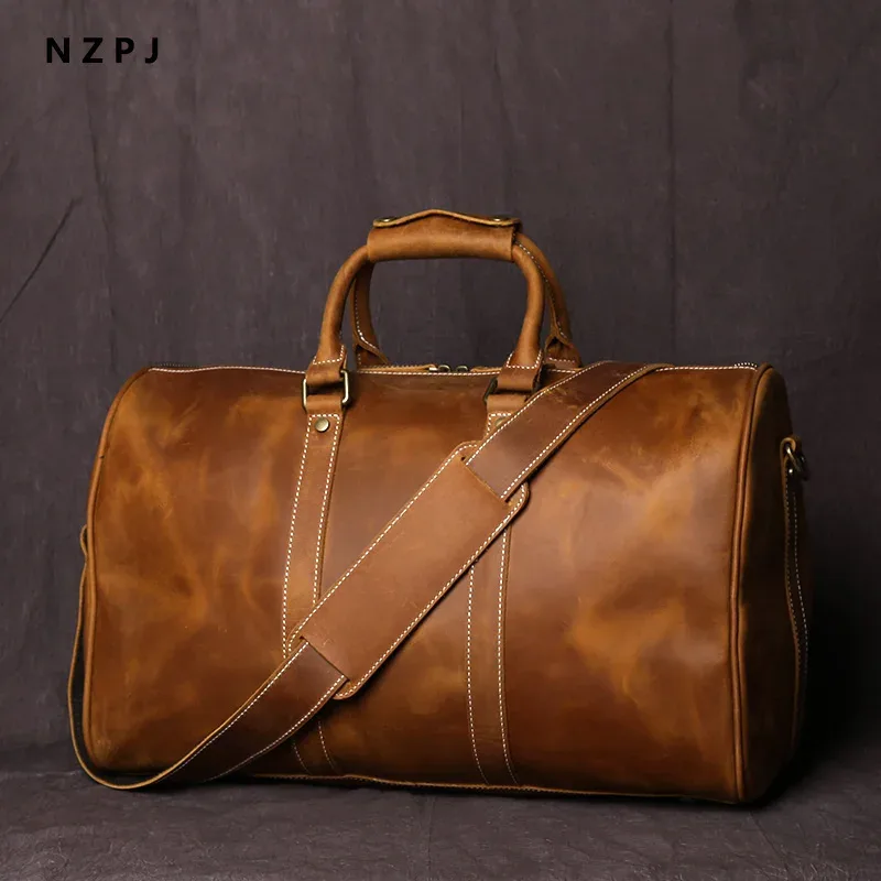 Sac de voyage rétro en cuir pour hommes, sac à bagages de grande capacité en cuir de cheval fou, couche supérieure en peau de vache, sac diagonal Portable pour hommes NZPJ