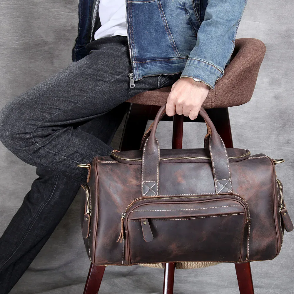 s.worker sac de voyage vintage en cuir véritable crazy horse sac polochon en cuir de vachette sac de week-end pour hommes sac de sport bagage à main