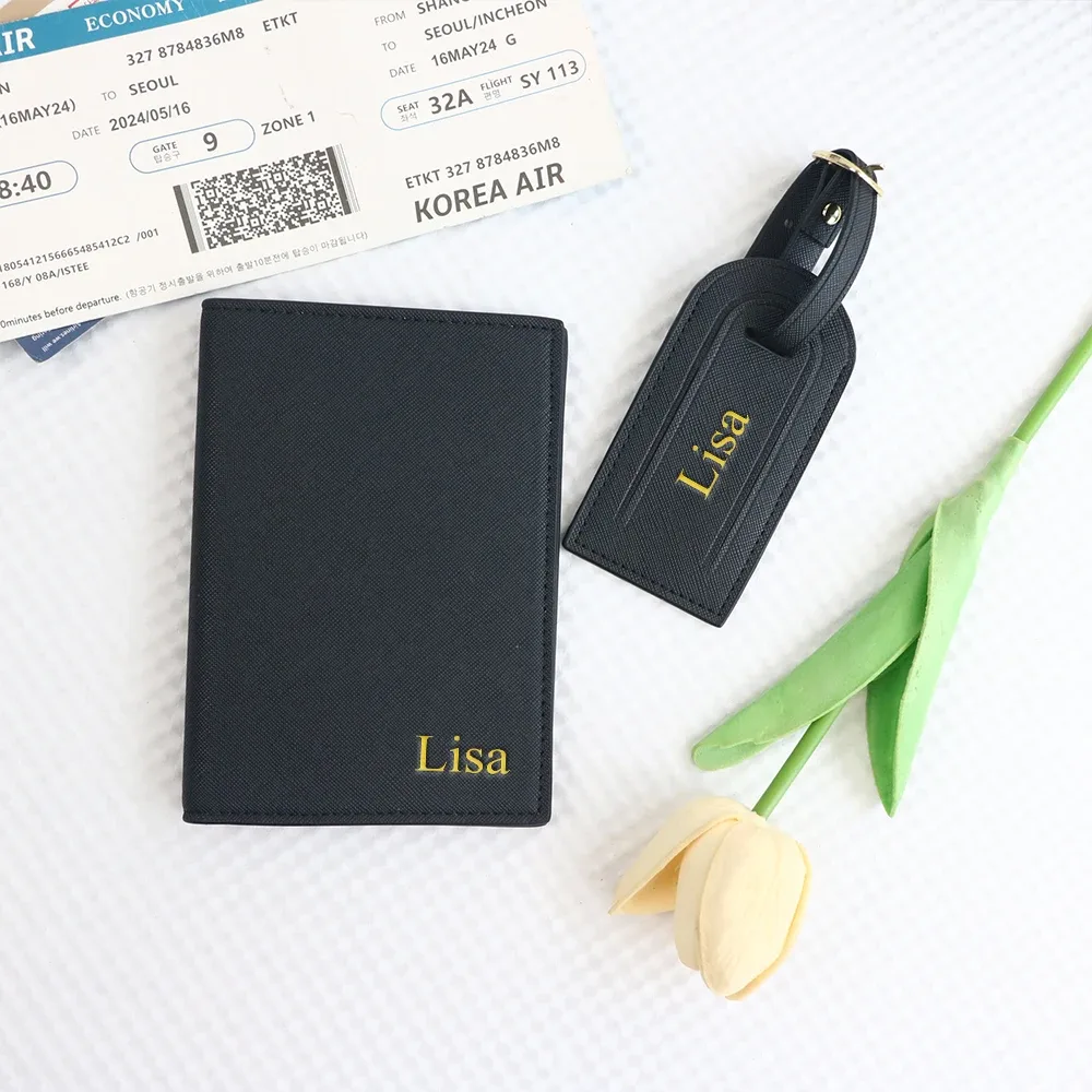 étiquette de bagage en cuir pu avec nom personnalisé, ensemble de sacs pour passeport, étiquette anti-damage pour sac, étiquette de bagage, étui pour carte d'identité