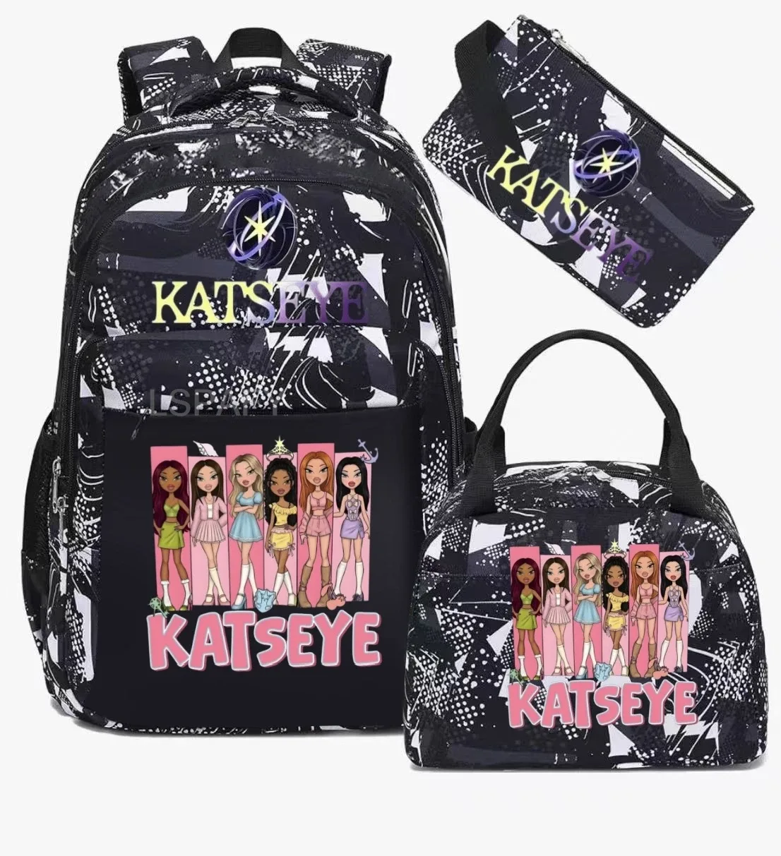 sacs d'école imprimés fashion katseye, ensemble de 3 pièces, sac à dos pour l'école primaire, garçons et filles, sac à dos de sport avec sac à lunch et trousse à crayons