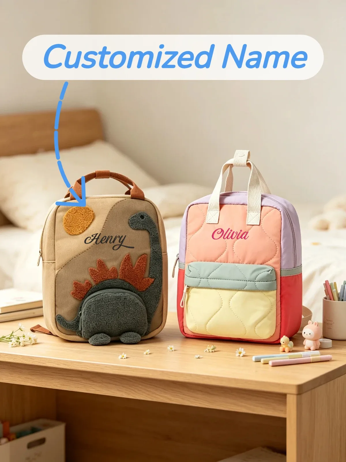 Sac à dos de maternelle brodé, motif dessin animé mignon, patchwork, nom personnalisé, cartable pour l'école et les enfants, usage quotidien en extérieur