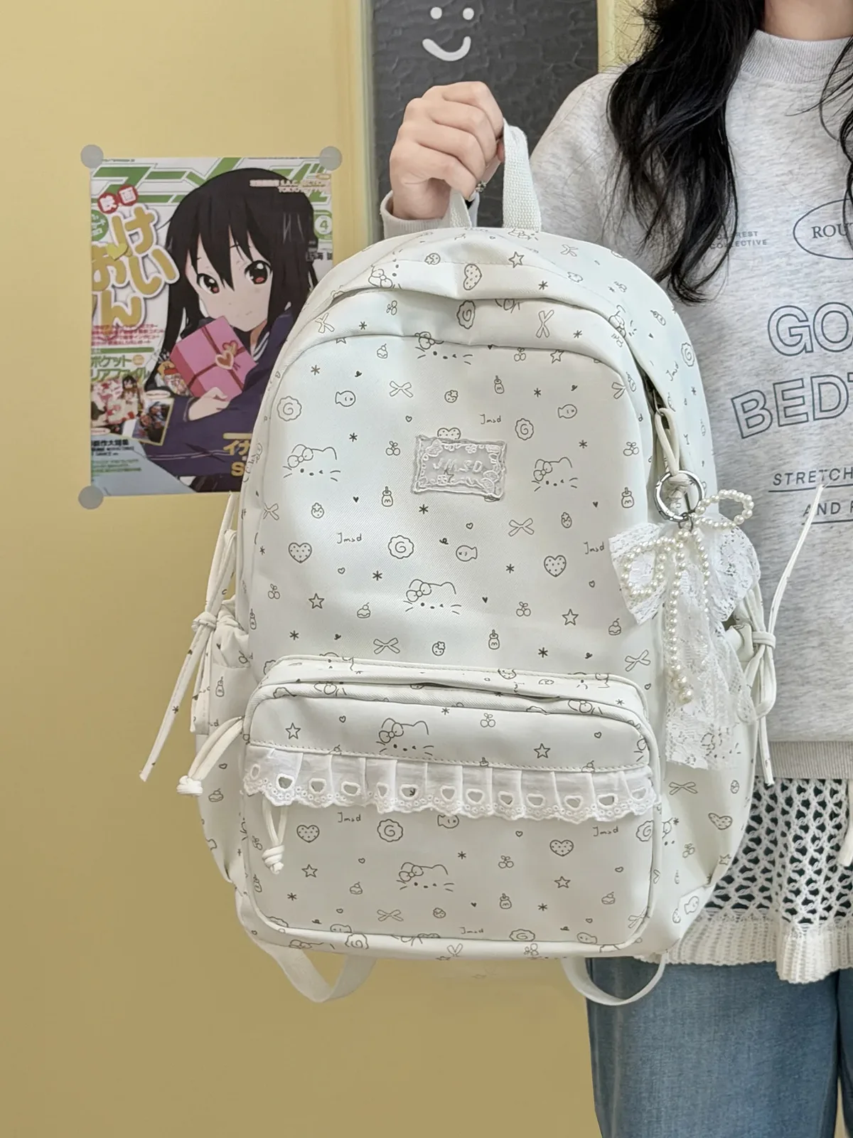 sacs à dos en dentelle pour femmes, 2 tailles, avec pendentifs perlés, sacs d'école imprimés de dessins animés mignons, mini sac à dos de voyage pour dames