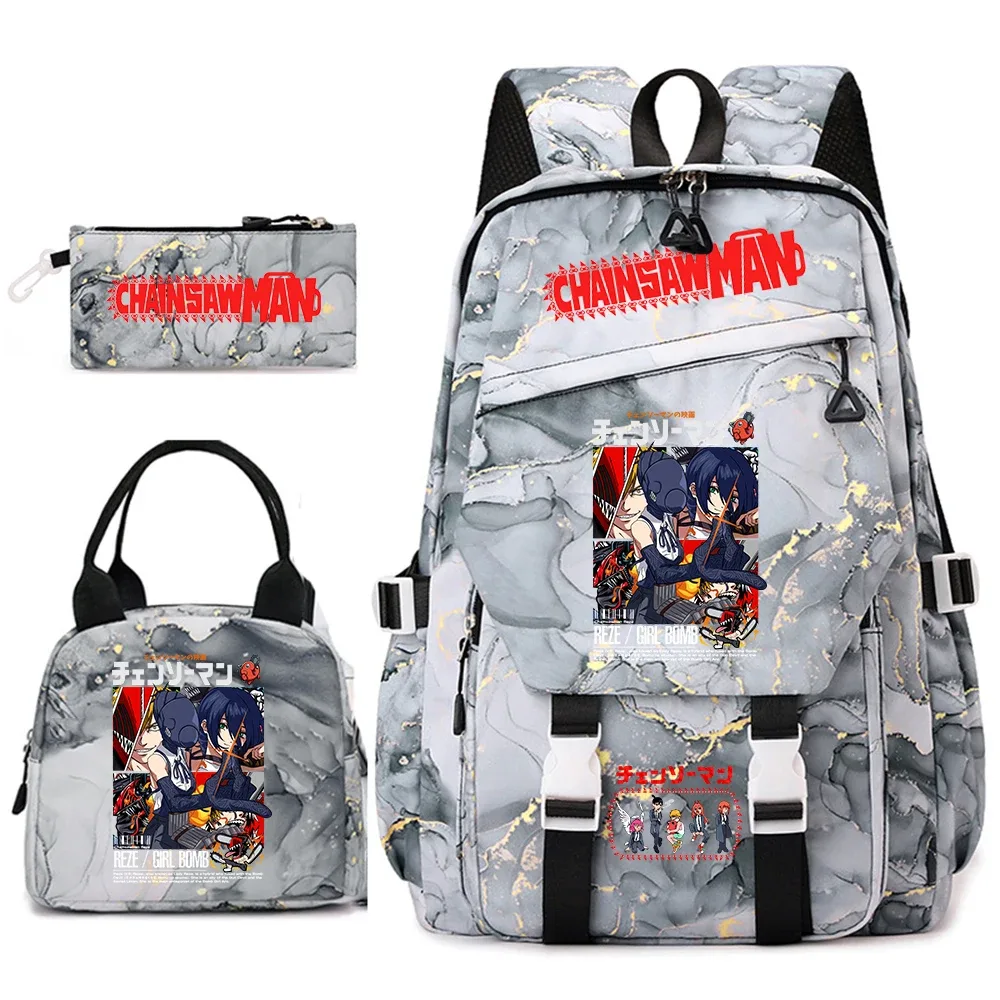 ensemble de sacs à dos pour étudiantes avec imprimé chainsaw man anime, pour filles, avec sac à lunch et trousse à crayons, pour une utilisation quotidienne à l'école