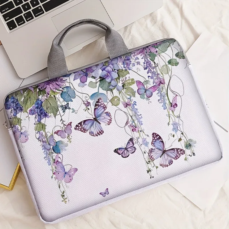 ensemble unique, deux styles, sacoche pour ordinateur portable et porte-documents motif papillon violet, convient aux ordinateurs portables de 14 pouces.
