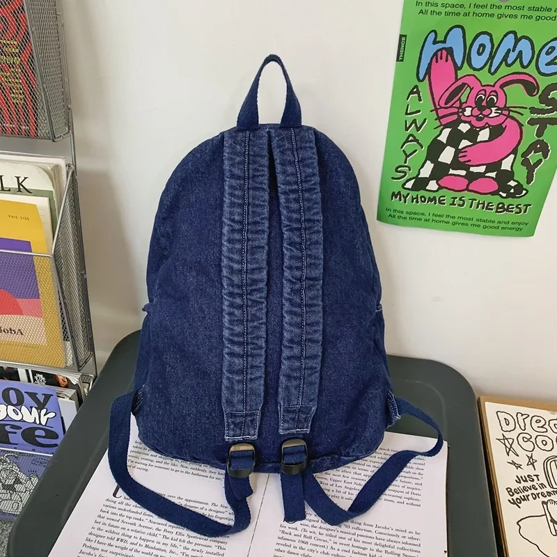 Sacs à dos en toile décontractés unisexes, sacs d'école en coton, cartables en denim de grande capacité, forfaits de voyage doux pour gril, noir uni, 100%