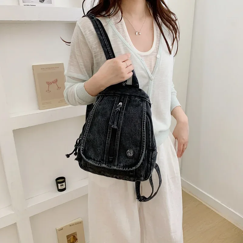 sac à dos en jean tendance pour femme, sac d'école décontracté, sac de voyage rétro délavé, sac à dos léger, sac à bandoulière pour usage quotidien