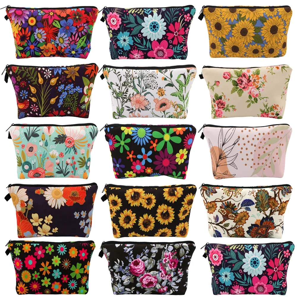 Sac de maquillage à fermeture éclair série fleur pour femmes, pochette de rangement de voyage Portable, sac de rouge à lèvres de voyage, trousse de maquillage, sacs pour pinceaux cosmétiques