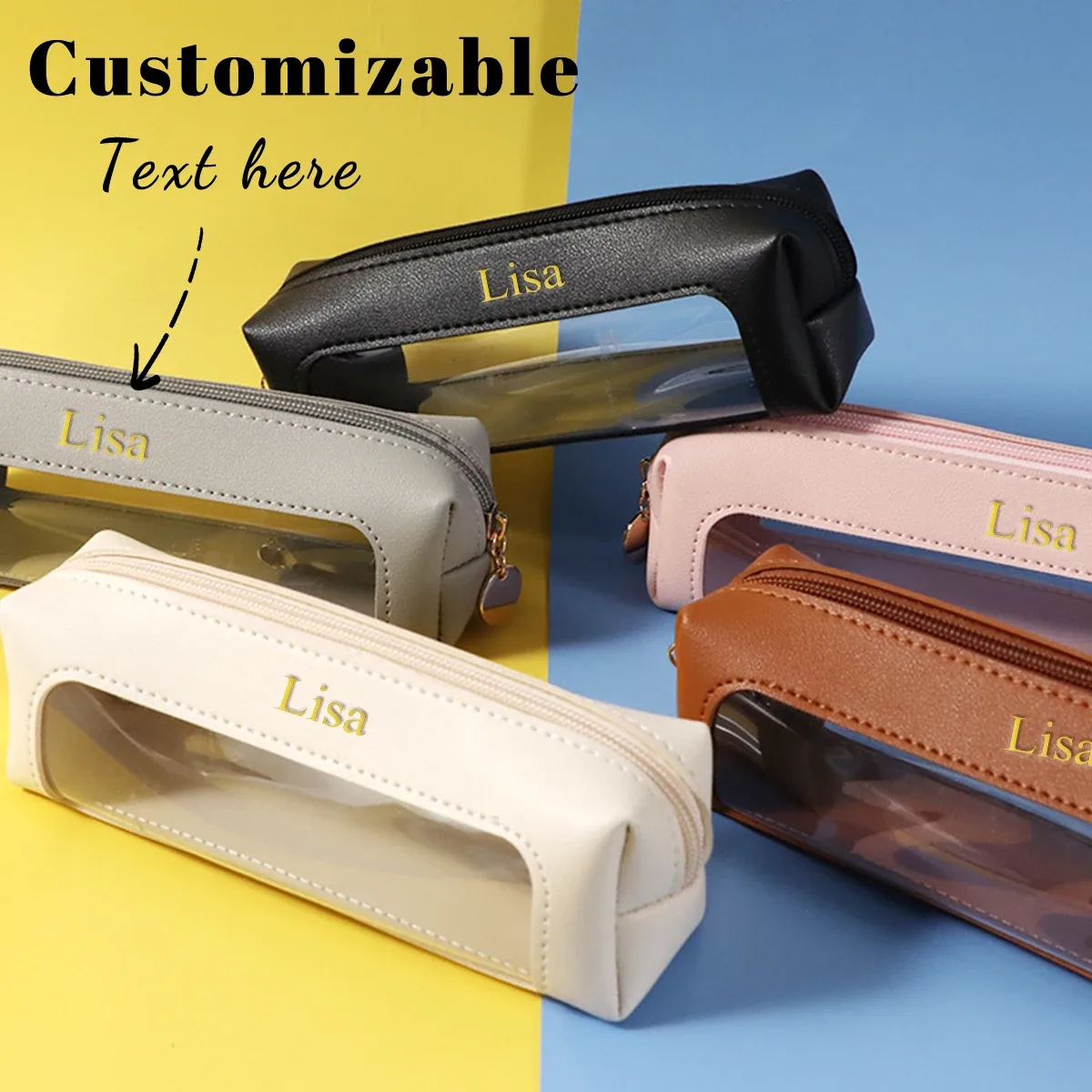Étui à stylos en cuir pu avec lettres personnalisées, sac de rangement en pvc, sac de papeterie portable transparent de grande capacité