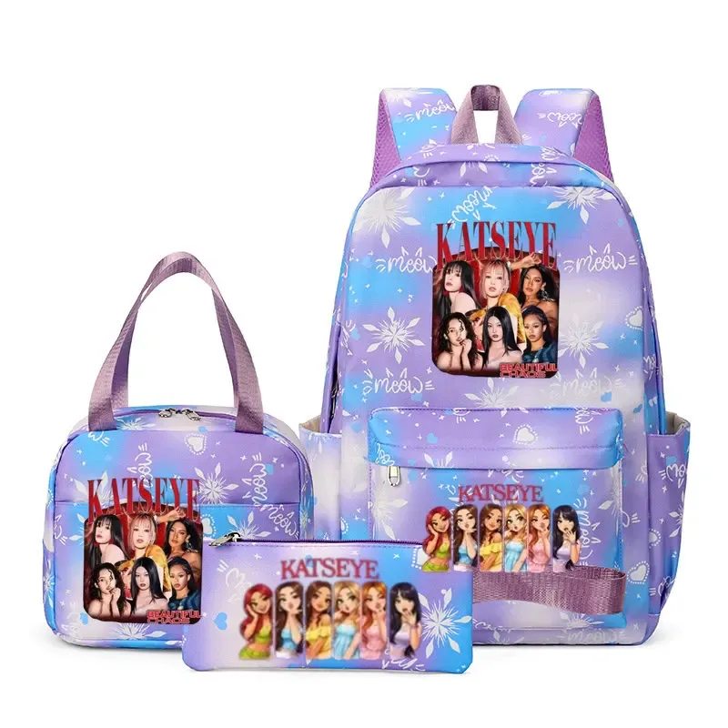 sacs à dos katseye à imprimé amusant, ensemble de 3 pièces, sacs d'école en nylon pour ordinateur portable pour femmes, pour adolescentes, garçons, étudiants, enfants, kawaii
