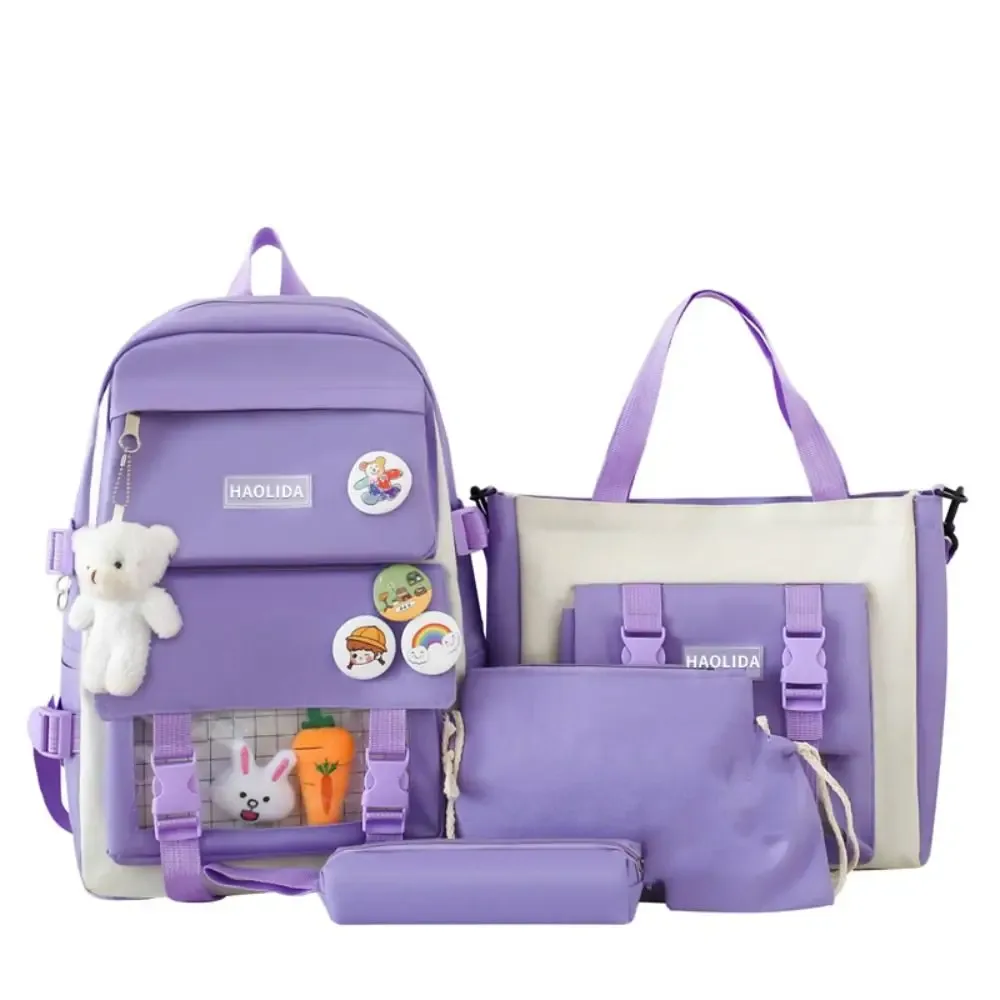 sacs décontractés en nylon de grande capacité, sac à dos à bandoulière avec badge de trajet simple, un ensemble de quatre cartables, sac d'école de style coréen pour enfants