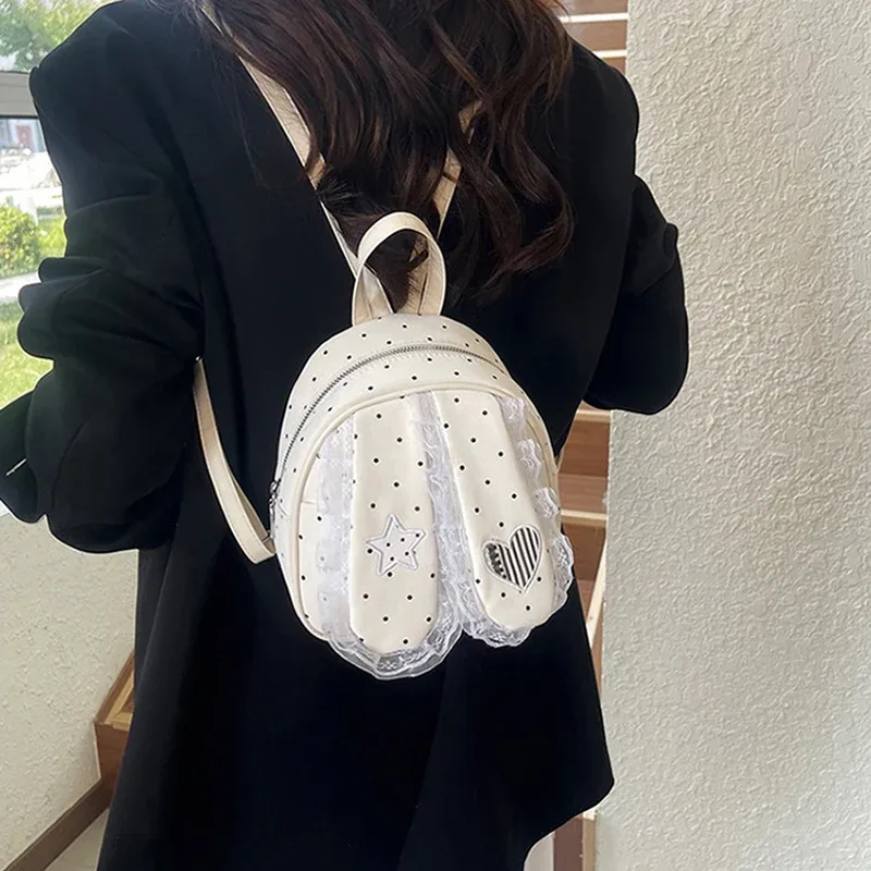 sac à dos à pois avec oreilles de lapin pour femmes, sac à bandoulière léger, sac à main en dentelle, sac fourre-tout mignon pour l'école et les voyages