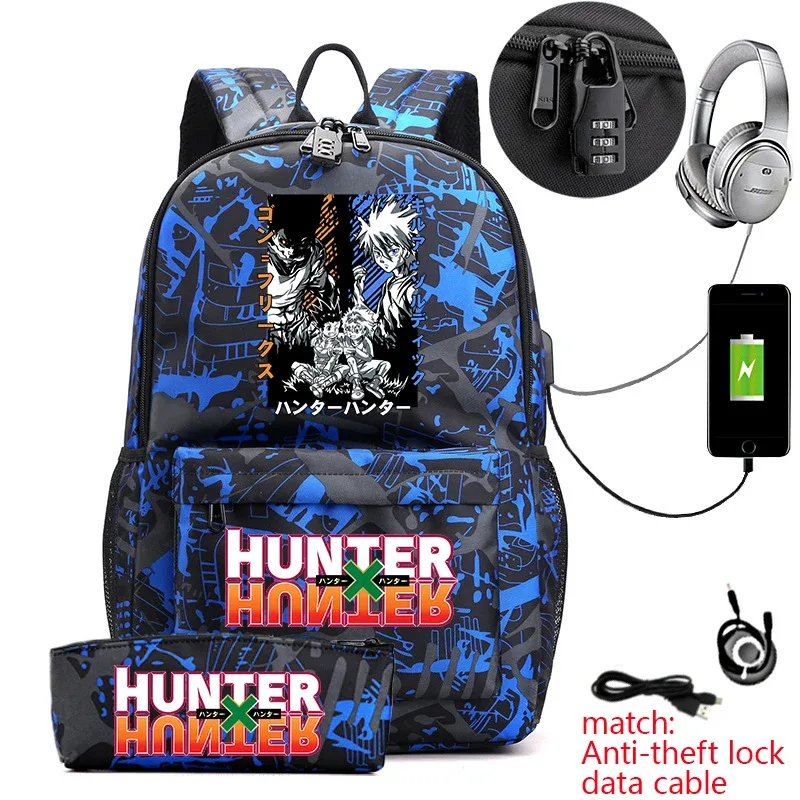 sac à dos hunter x hunter anime pour étudiants, sac à dos antivol décontracté avec trousse à crayons pour garçons et filles, sac d'école
