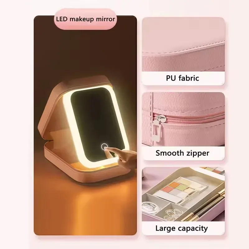 trousse de maquillage intelligente led avec miroir pour femmes, petit sac de maquillage mignon, brosse à rouge à lèvres, esthéticienne féminine, produit de soins de la peau, boîte à cosmétiques